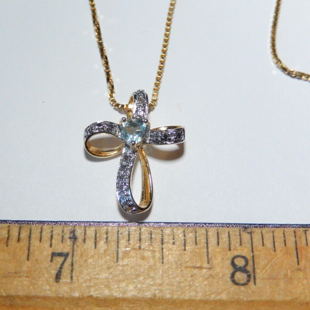 NWT Gold Vermeil 925 Blue Topaz  Diamond Cross Pendant  18 Vermeil Chain
