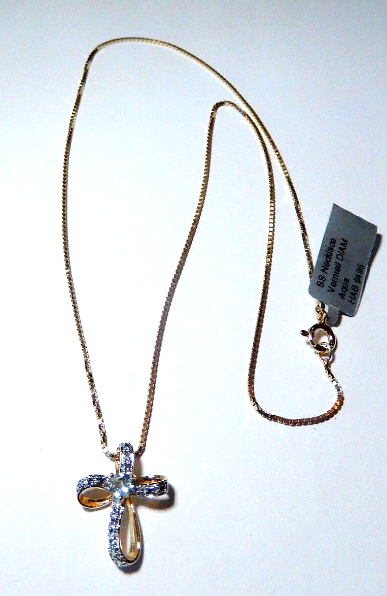 NWT Gold Vermeil 925 Blue Topaz  Diamond Cross Pendant  18 Vermeil Chain