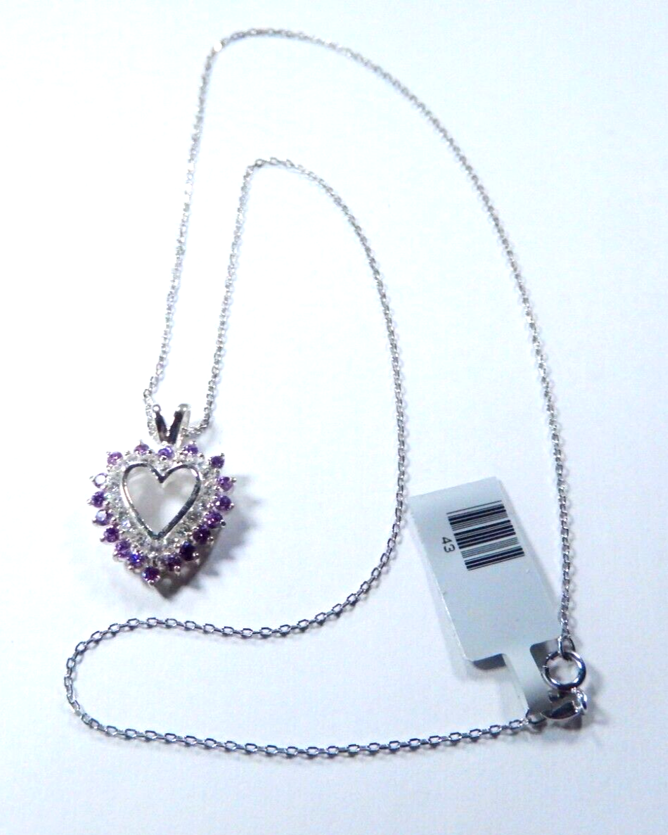 Purple Amethyst and Cubic Zirconia Heart Pendant Necklace Sterling Silver w/18"C