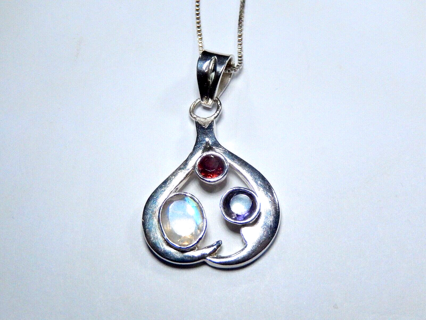 *VINTAGE*  Heavy Sterling Silver Multi Gemstone Pendant w/ 18" Ster. Box Chain
