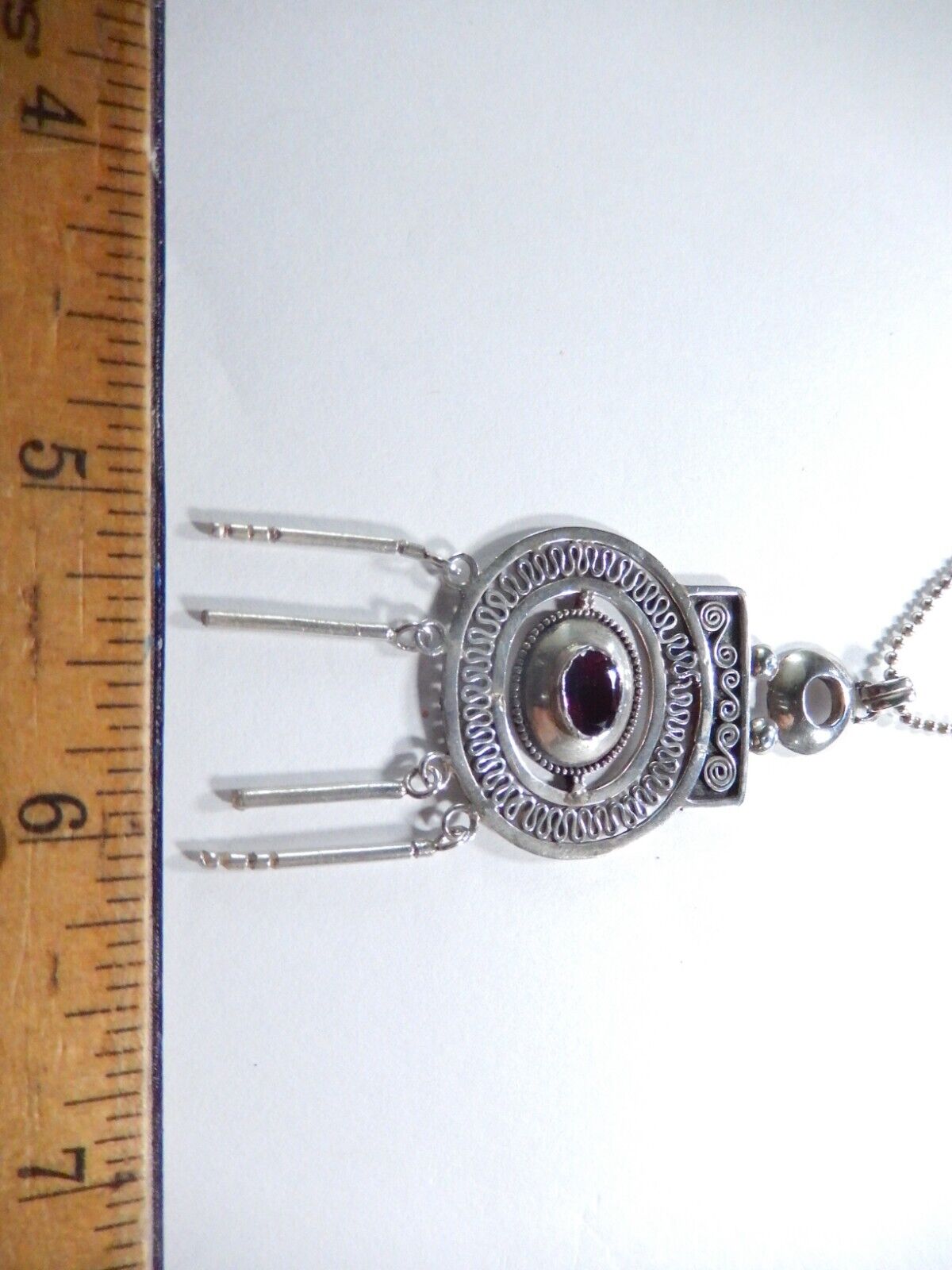 *VINTAGE* Sterling Silver Boho Art Deco 90s Garnet Pendant w/Bead-Ball 24"Chain