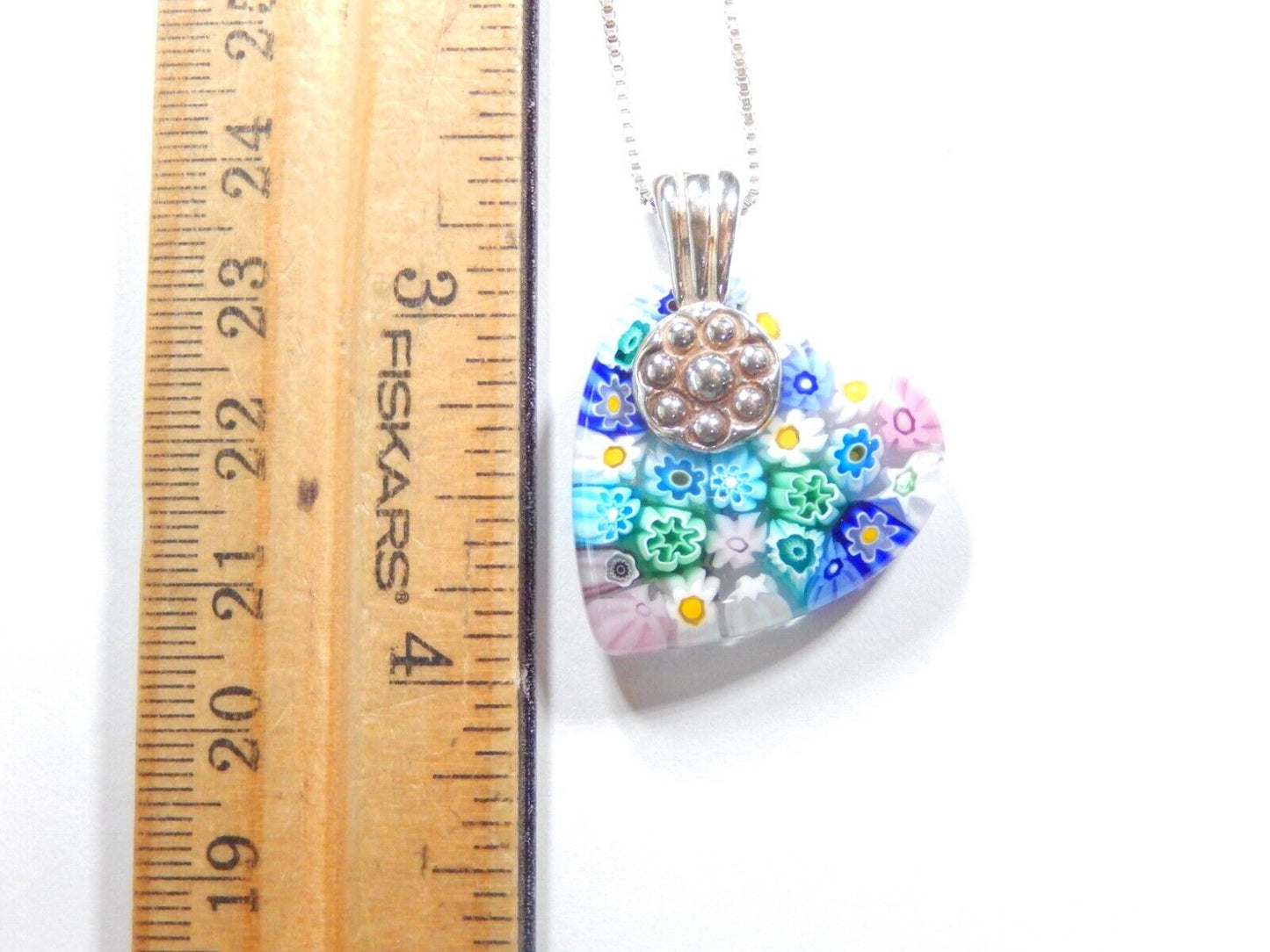 MURANO MILLEFIORI HEART GLASS pendant, 925 STERLING SILVER - w/18" Ster. Chain