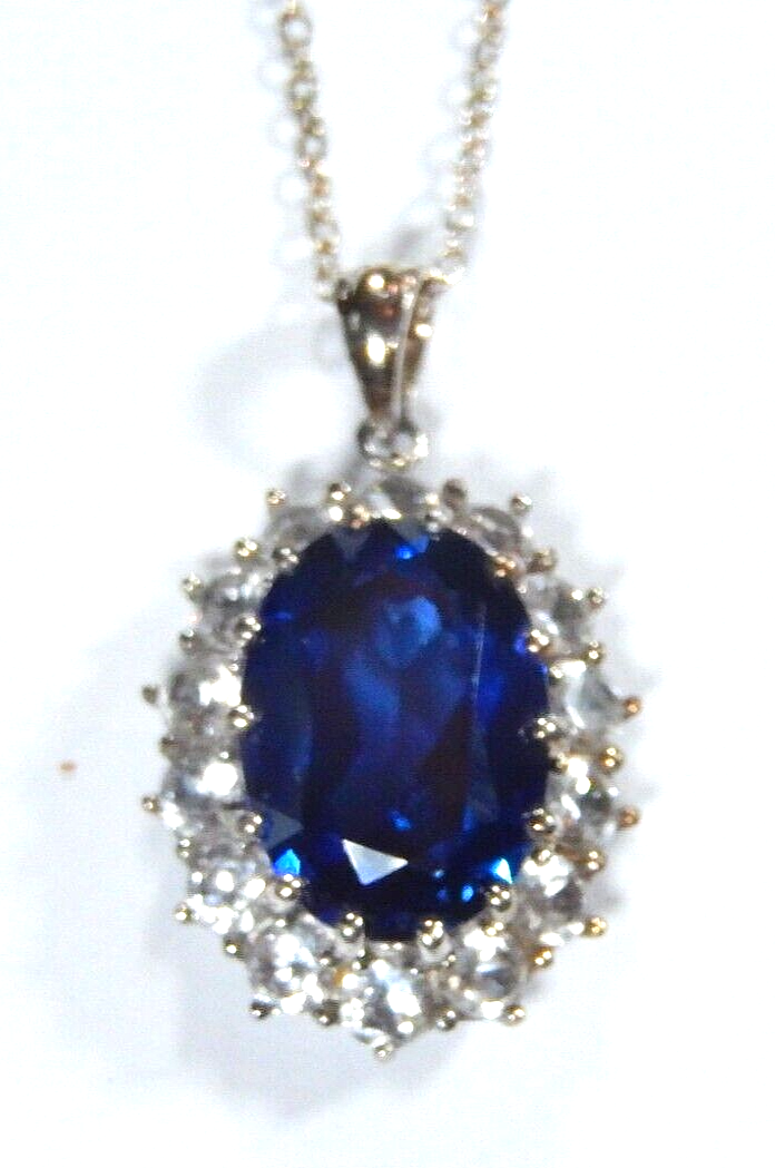 *VINTAGE* Sterling Silver 12.0 CT Lab Created Sapphire & CZ Halo Pendant w/18"Ch