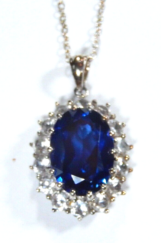 *VINTAGE* Sterling Silver 12.0 CT Lab Created Sapphire & CZ Halo Pendant w/18"Ch