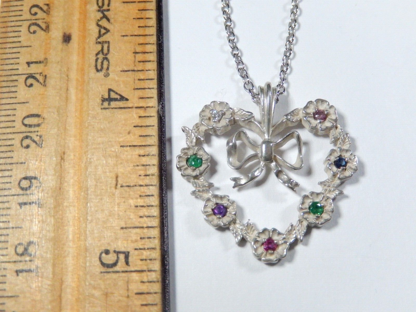 Vintage Franklin Mint 82 Sterling Silver Multi Gemstone Heart Pendant w18chain