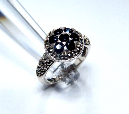 Vintage 1970s Sterling Silver Onyx Marcasite Art Deco Style Ring Size 8.25