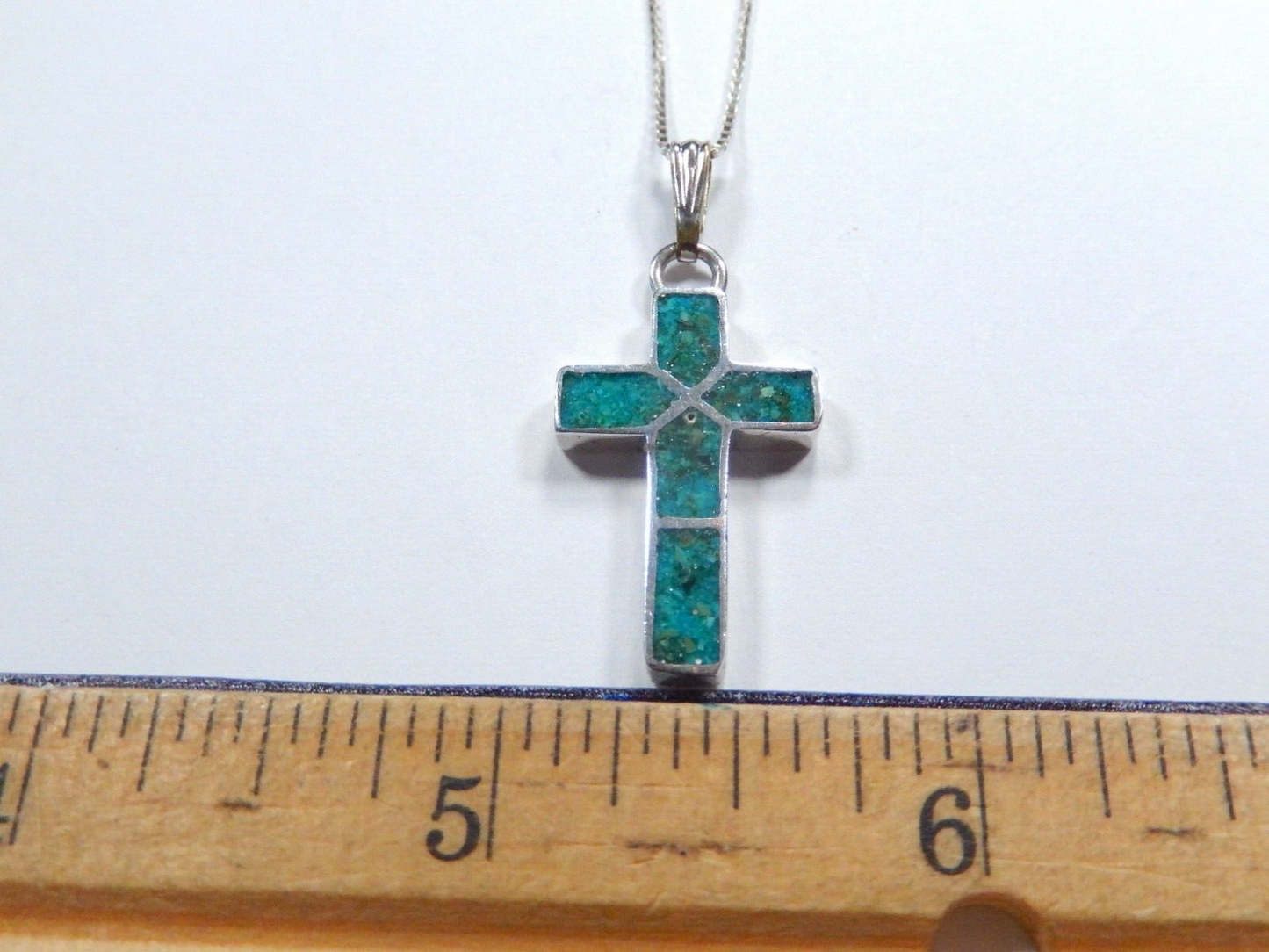 Vintage Native American Sterling Silver Turquoise Cross Pendant with 18" Chain