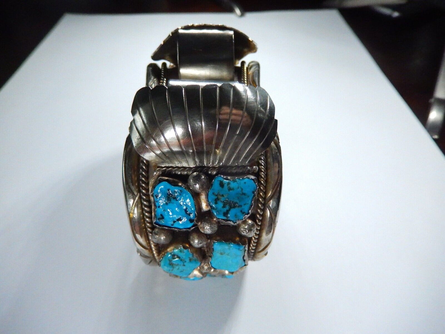 VTG Mens Native American Navajo Sterling Silver Turquoise Watch Cuff Bracelet