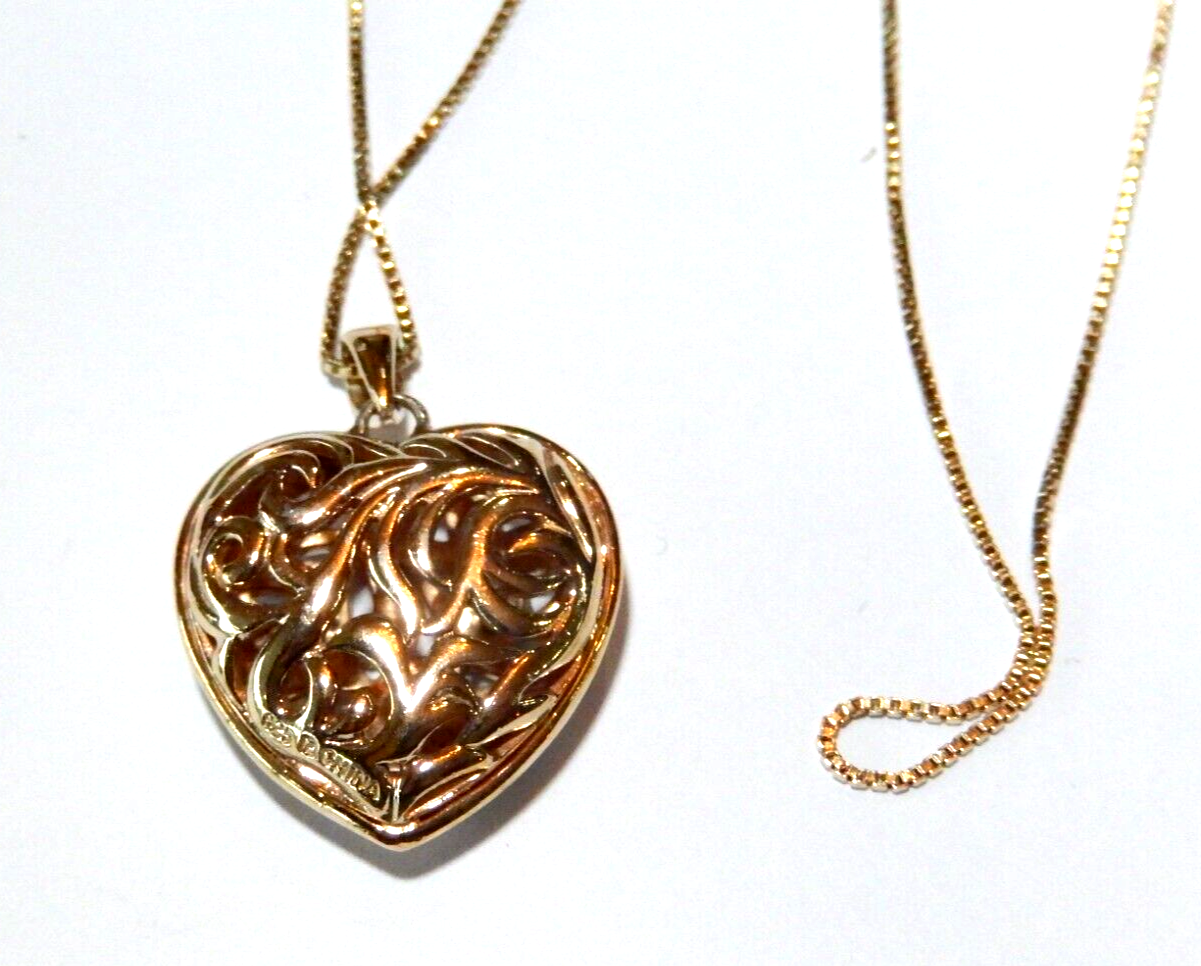 VINTAGE Gold Vermeil 925 Filigree Puffed Heart Diamond Pendant w18 Chain