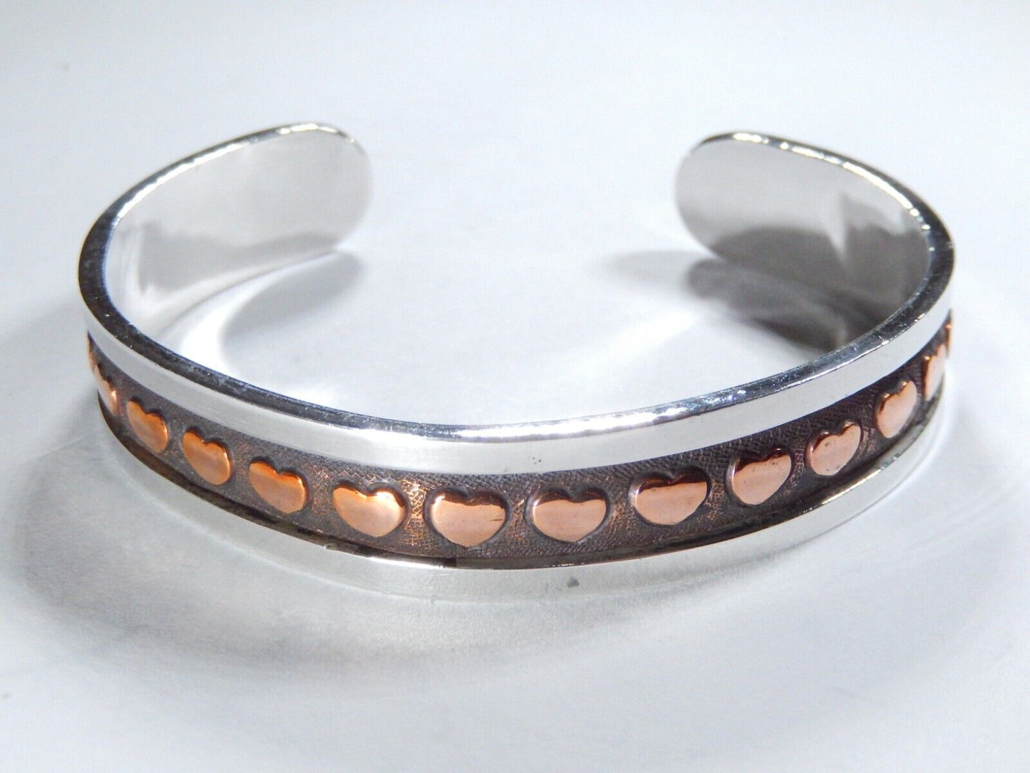 *VINTAGE* Sterling Silver & Copper Hearts 1/2” Wide Cuff Bracelet