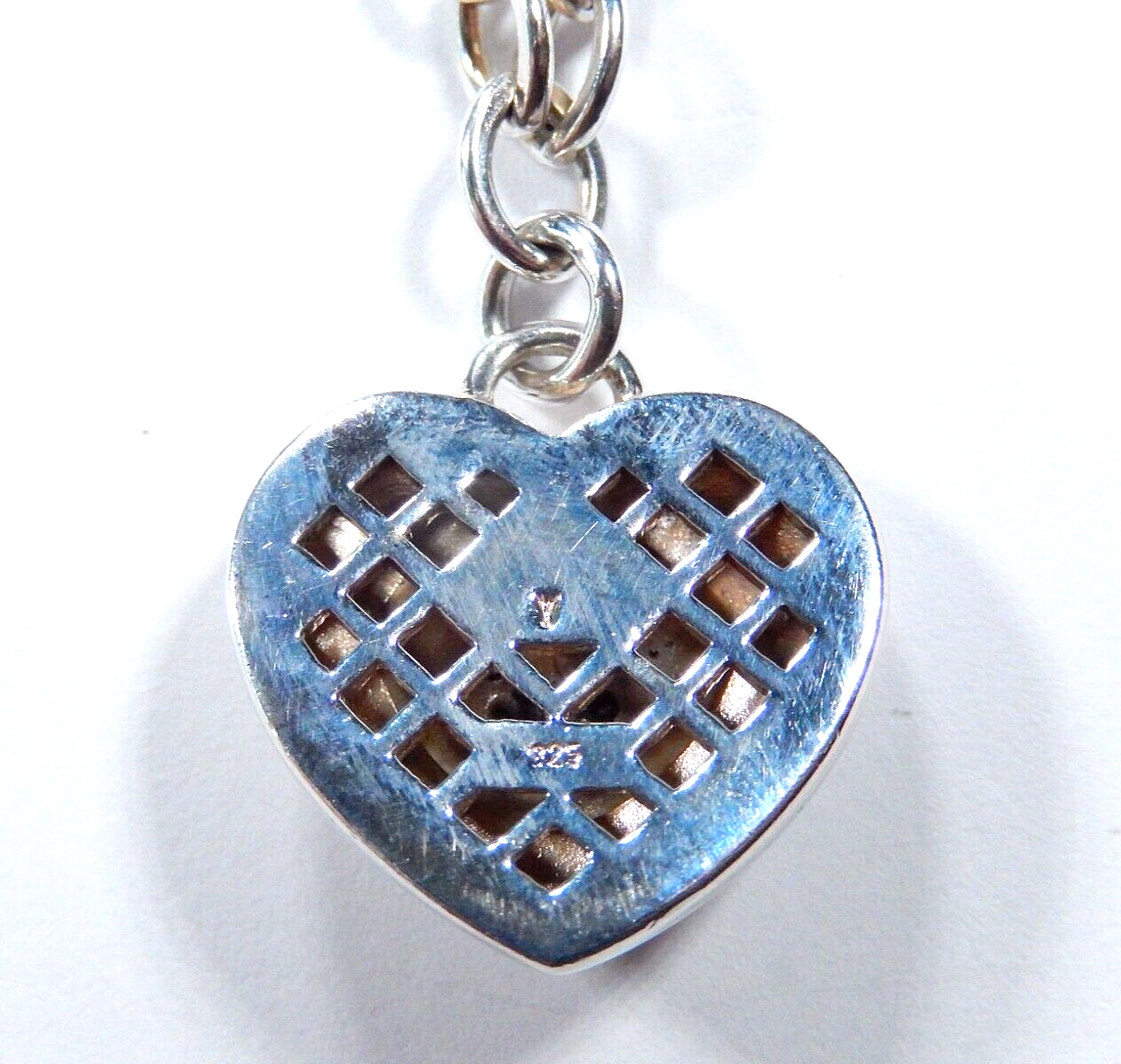 Sterling Silver Signed V 925 Diamond Cluster Heart Pendant w/Heavy Rolo Chain