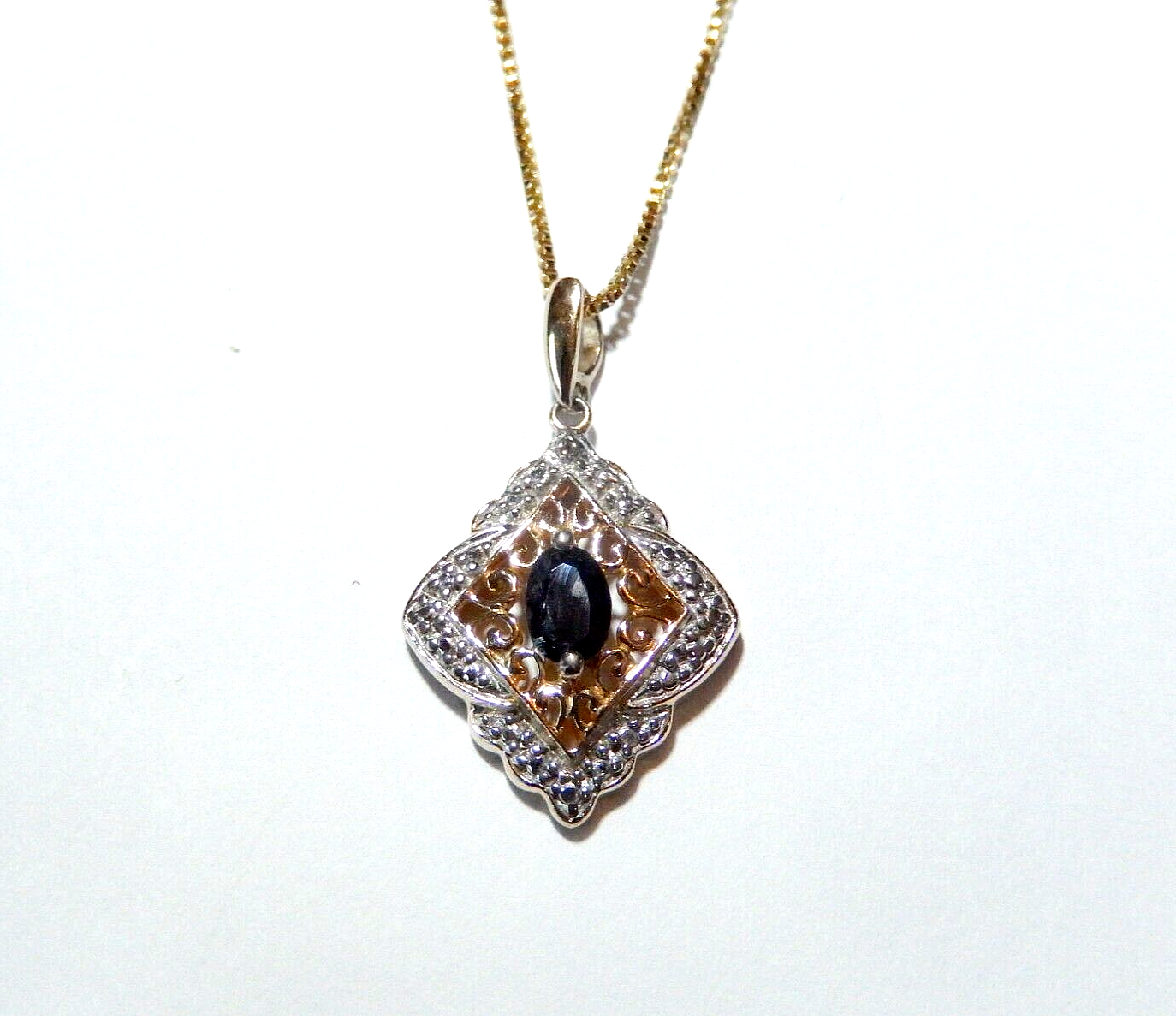 VINTAGE  Gold Vermeil 925 Blue Sapphire  Diamond Pendant w 18 Vermeil Chain