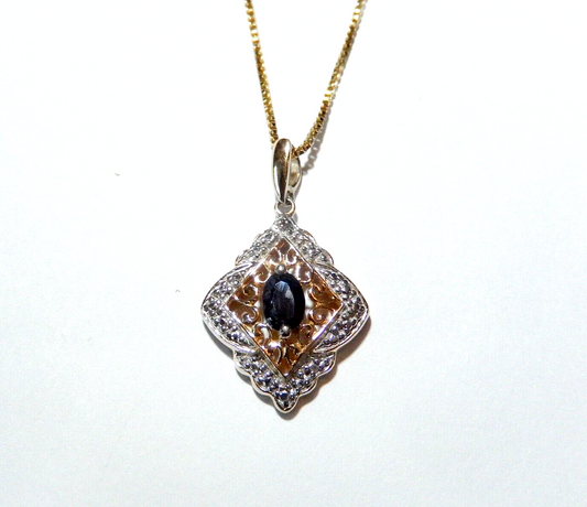 VINTAGE  Gold Vermeil 925 Blue Sapphire  Diamond Pendant w 18 Vermeil Chain