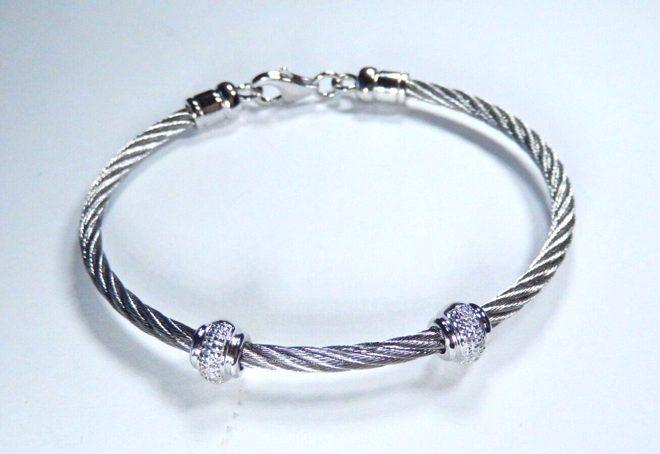 ~Women's Sterling Silver & Stainless Steel Diamond Twist Bead Bracelet Size = 7"