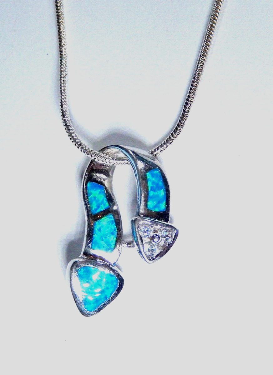 Blue Inlay Fire Opal & CZ Sterling Silver Pendant W /16" Smooth Snake Chain