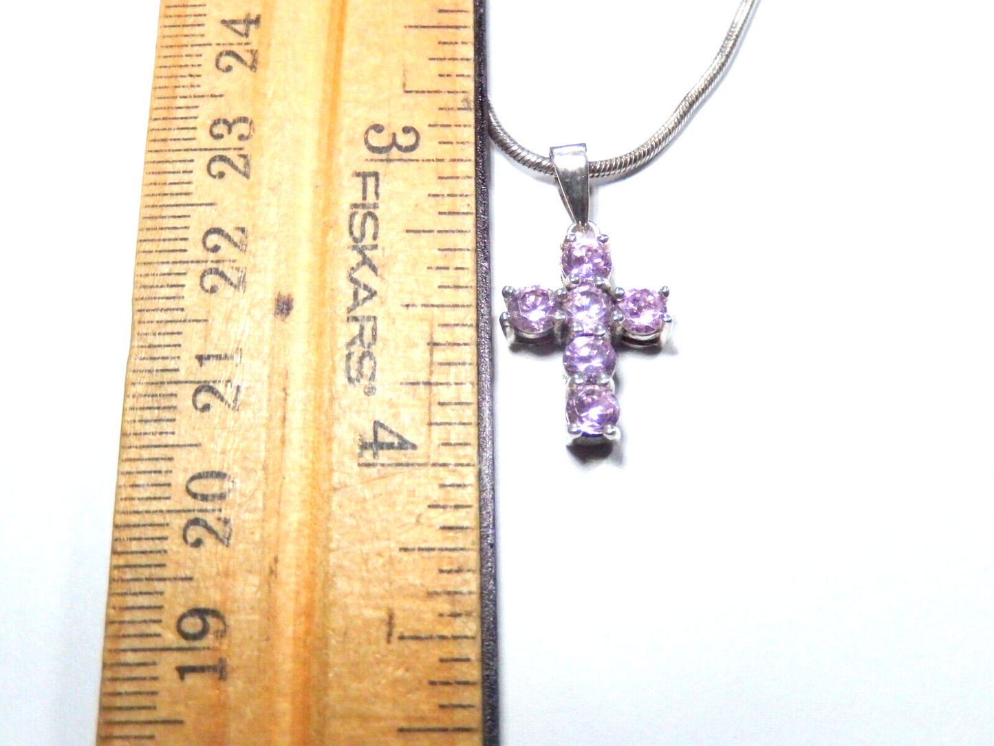 *VINTAGE* Sterling Silver Lab-Created Pink Sapphire Cross Pendant w/16" CHain