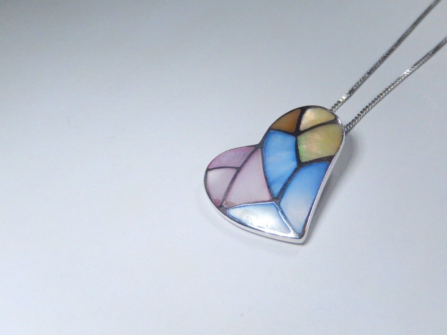 Multi Inlay Pink/Blue Mother Of Pearl Sterling Silver Heart Pendant w/18" Chain