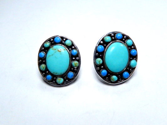 *VINTAGE* Southwest Sterling Silver Turquoise & Lapis Post Earrings 3/4" x 5/8"