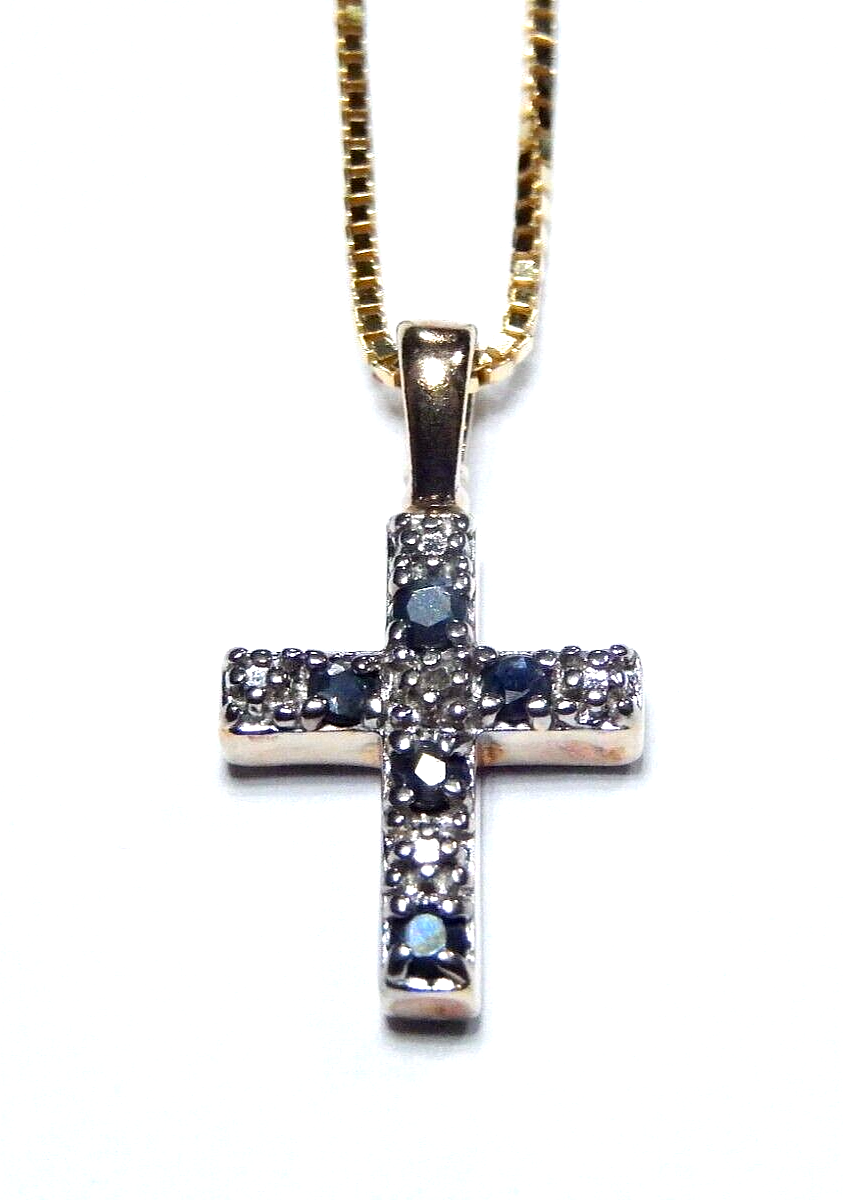 Ross Simons 925 Vermeil Sapphire  Diamond Accent Cross Pendant w18 Chain