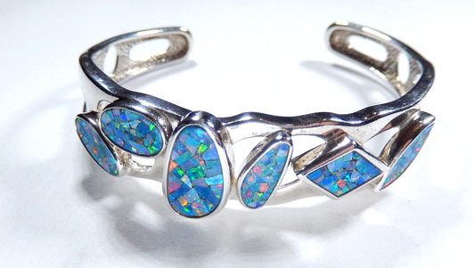 *VINTAGE*   WHITNEY KELLY Inlaid  Fire Opal Mosaic Sterling Silver Cuff Bracelet