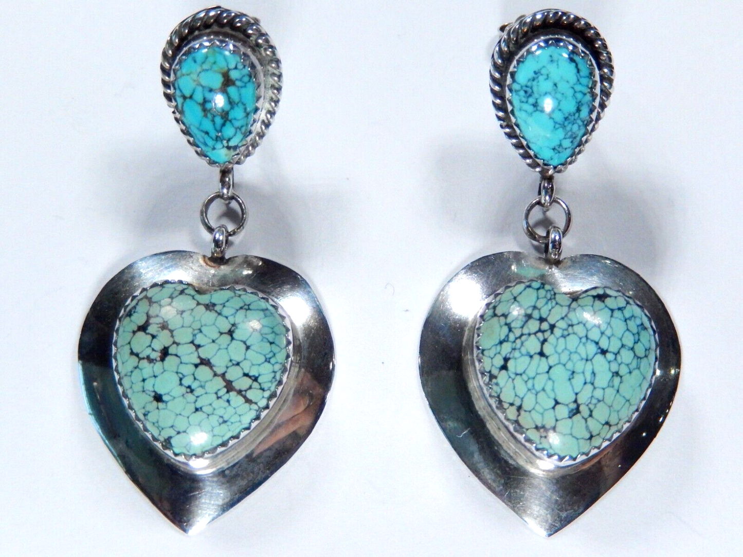 *VINTAGE*  LG Southwest Sterling Silver Turquoise Heart Dangle Earrings 2" Long