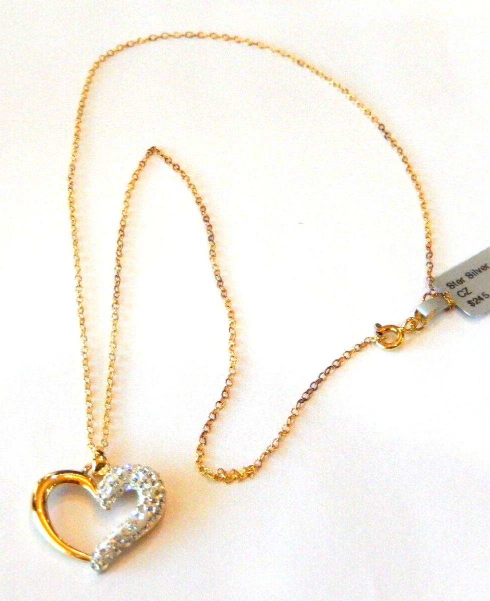 Gold Vermeil 925  Crystal Rhinestones Heart Pendant w18 Vermeil Chain
