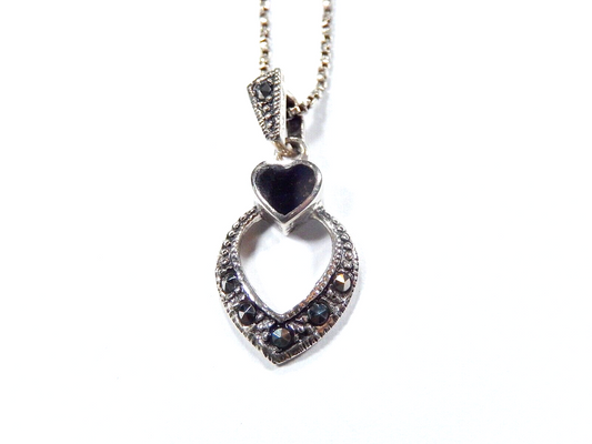 Vintage 925 Sterling Silver Black Onyx Marcasite Heart Pendant w/18" Chain