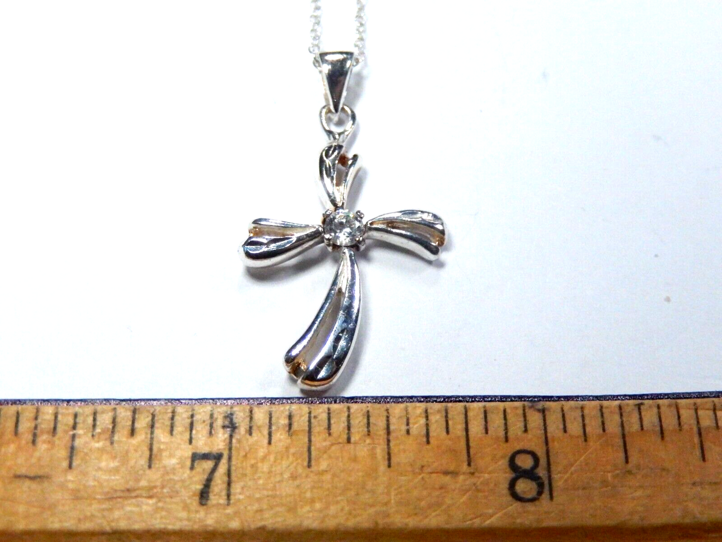 Sterling Silver Freeform Cross CZ Solitaire Pendant w/18" Chain