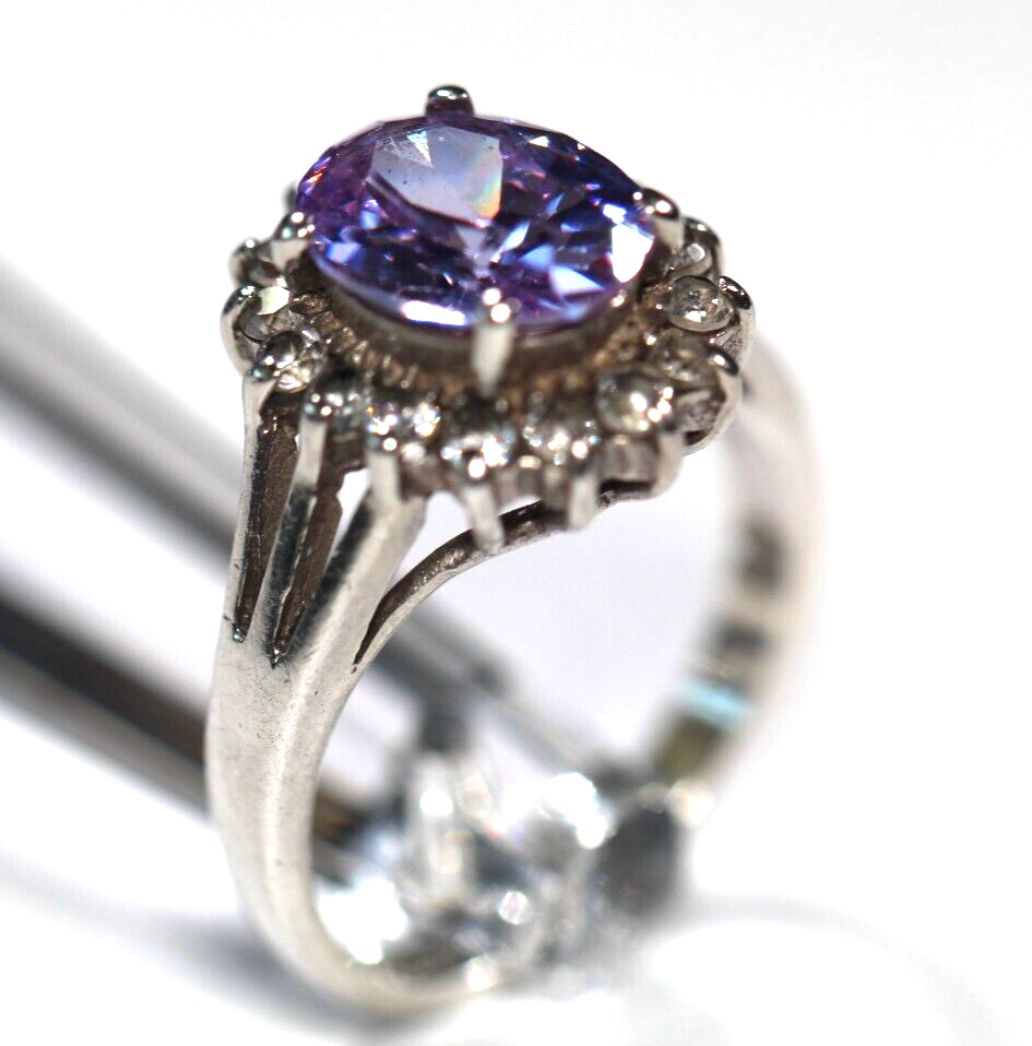 *VINTAGE* Sterling Silver  3.0 CT Amethyst and Accents Stones Halo Ring Size 7.5