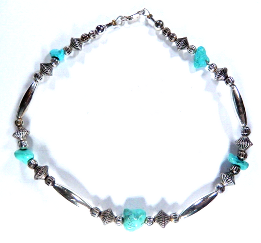 Vintage Southwest Sterling Silver Bead and Turquoise Bead Necklace - 11" Length
