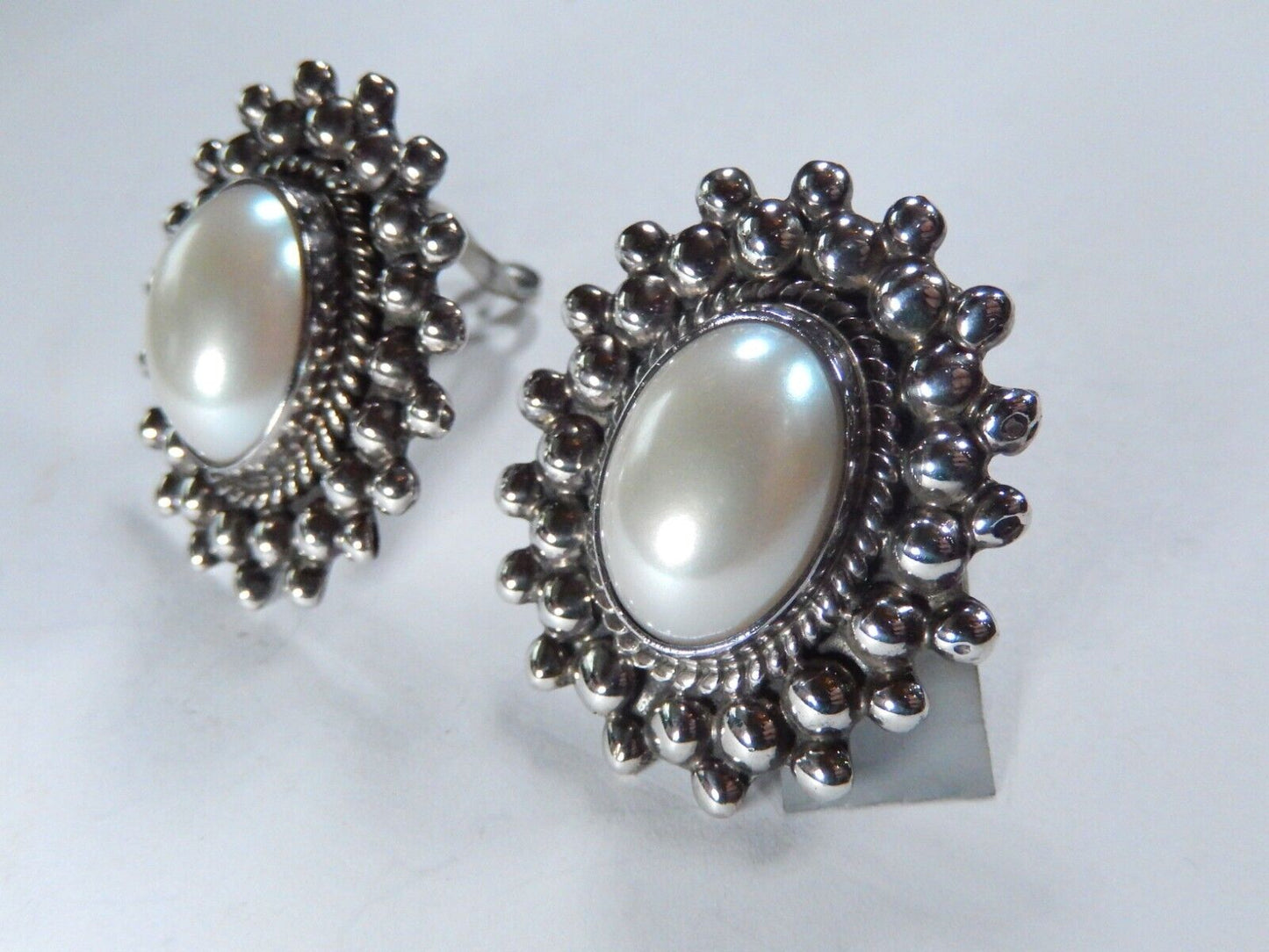TAXCO 925 Sterling Silver Mexico Faux Pearl Clip On Earrings