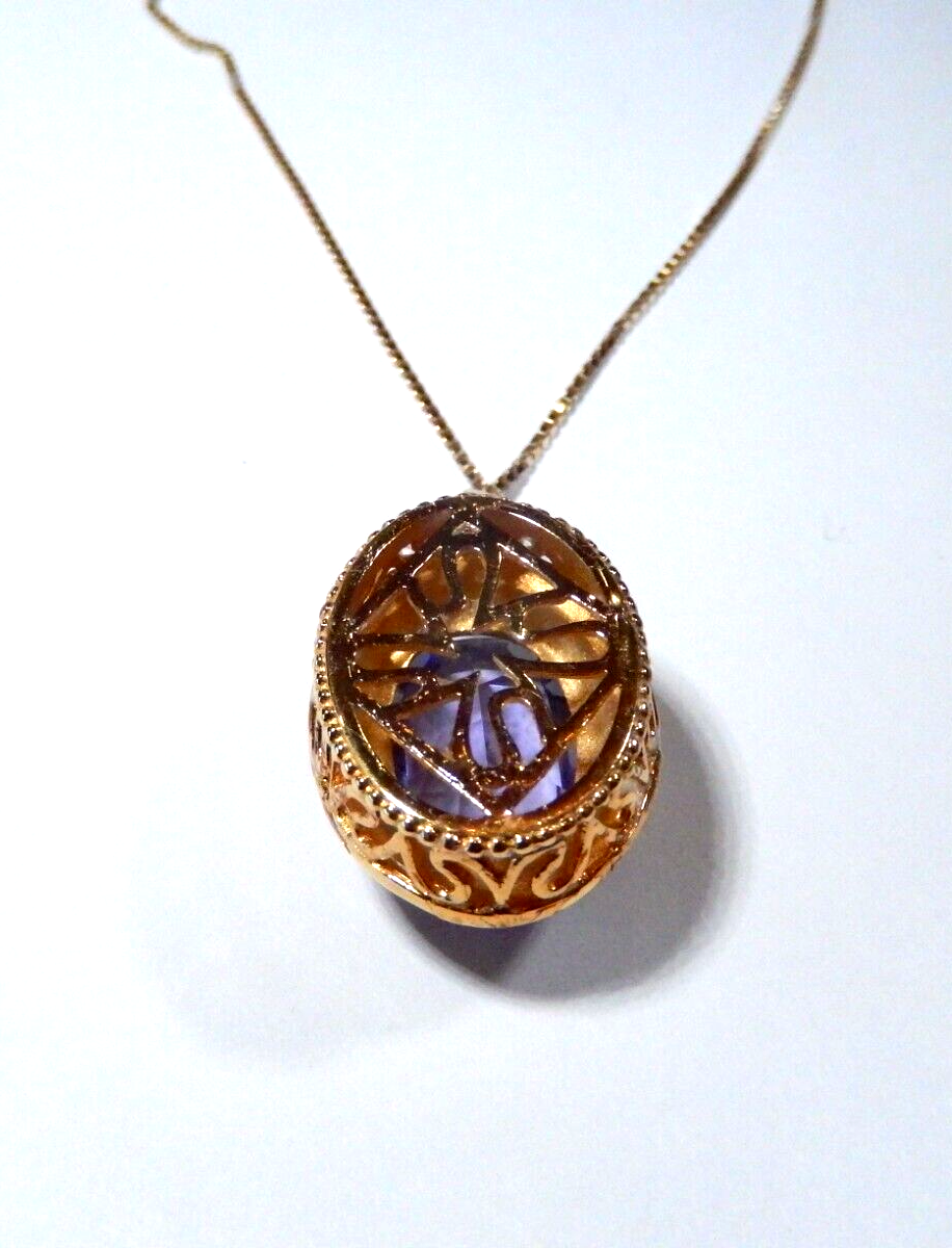 LARGE Gold Vermeil 100 CT Oval Amethyst Filigree Pendant with 18 Vermeil Chain
