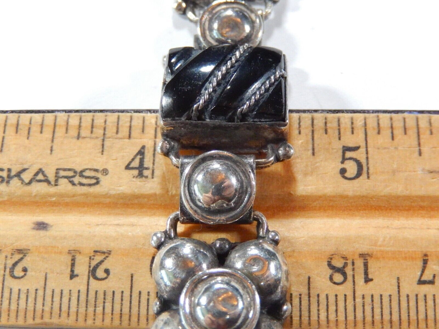 Vintage Sterling Silver 925 Mexico Black Onyx Silver Pebbles Panel 7 Bracelet