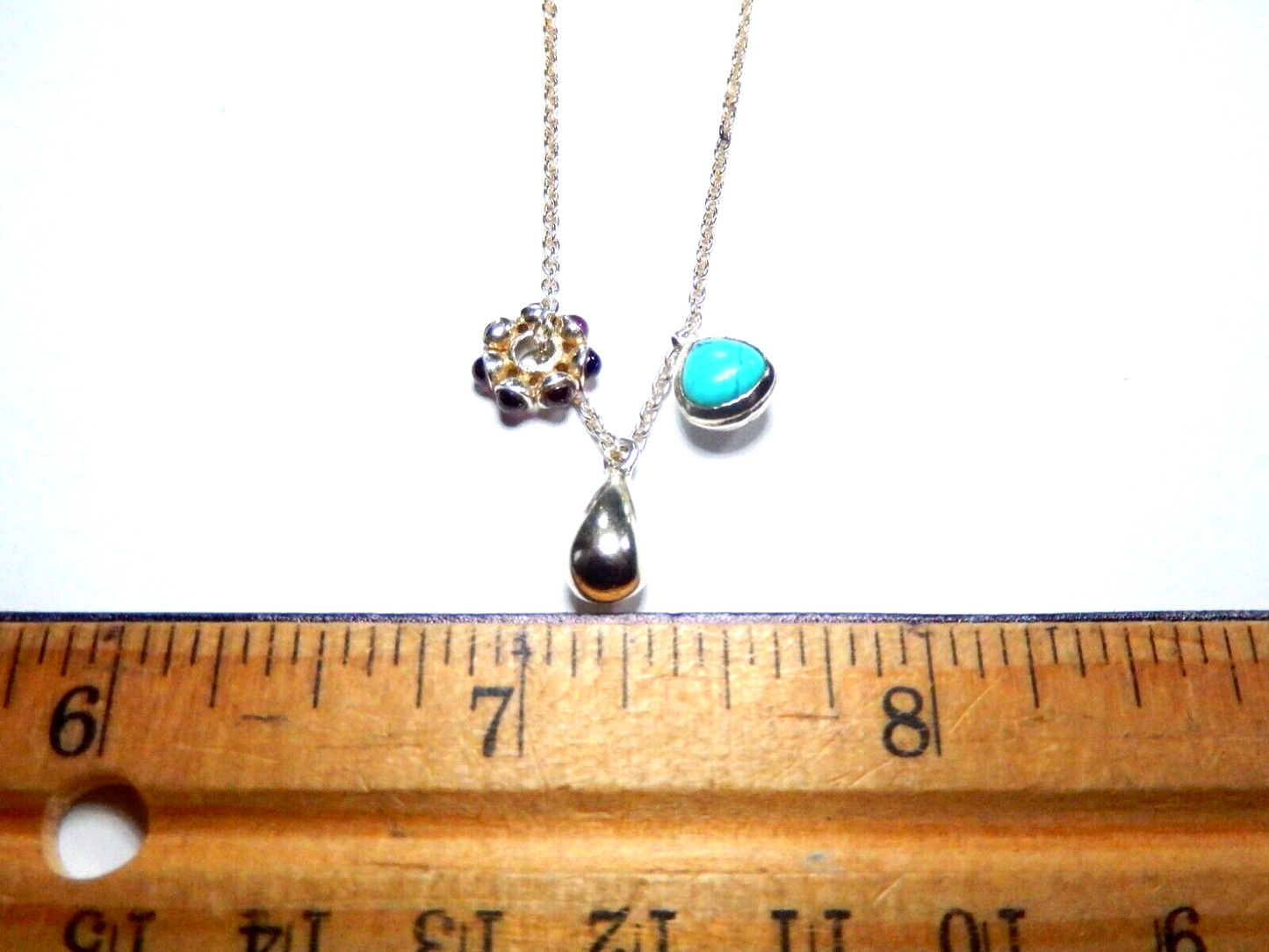 Sterling Silver 3 Bead Turquoise - Garnet-Silver Dangle Pendant 18" Necklace