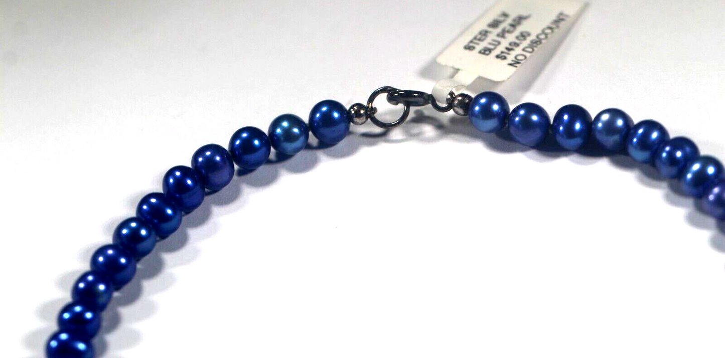 *NWT* 6 mm Blue Freshwater Cultured Pearl Necklace Dyed w/ Sterling Silver Clasp