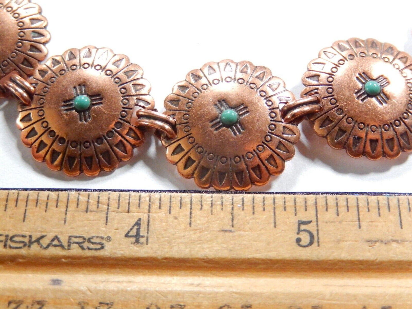 Vintage Southwest Copper Stamped Turquoise Concho 7 Links Bracelet 8" Length