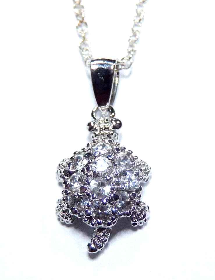 Sterling Silver CZ Stones Turtle Pendant with 18" Chain