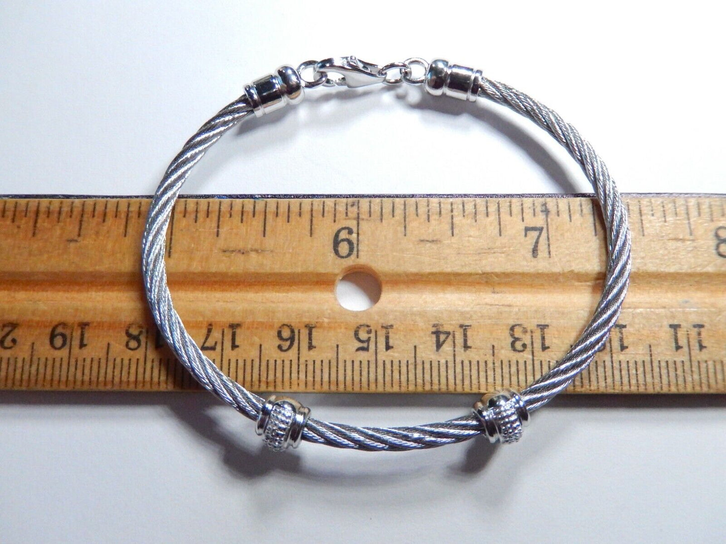 ~Women's Sterling Silver & Stainless Steel Diamond Twist Bead Bracelet Size = 7"