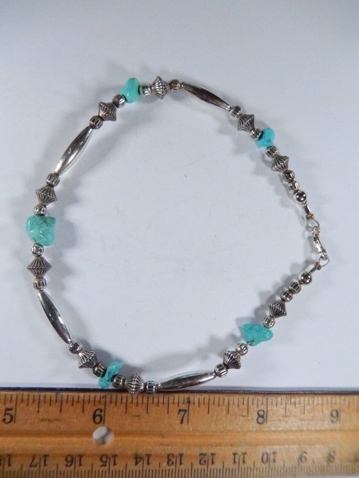 Vintage Southwest Sterling Silver Bead and Turquoise Bead Necklace - 11" Length