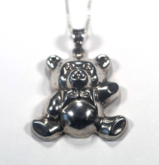 *VINTAGE* Sterling Silver Puffy Teddy Bear with Bow Tie Hollow Pendant w/20"Chai