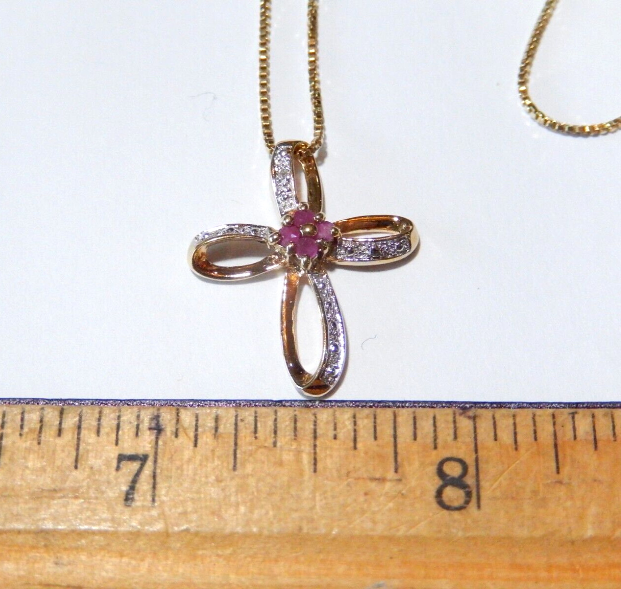 NWT Gold Vermeil 925 Ruby  Diamond Cross Pendant  18 Vermeil Chain