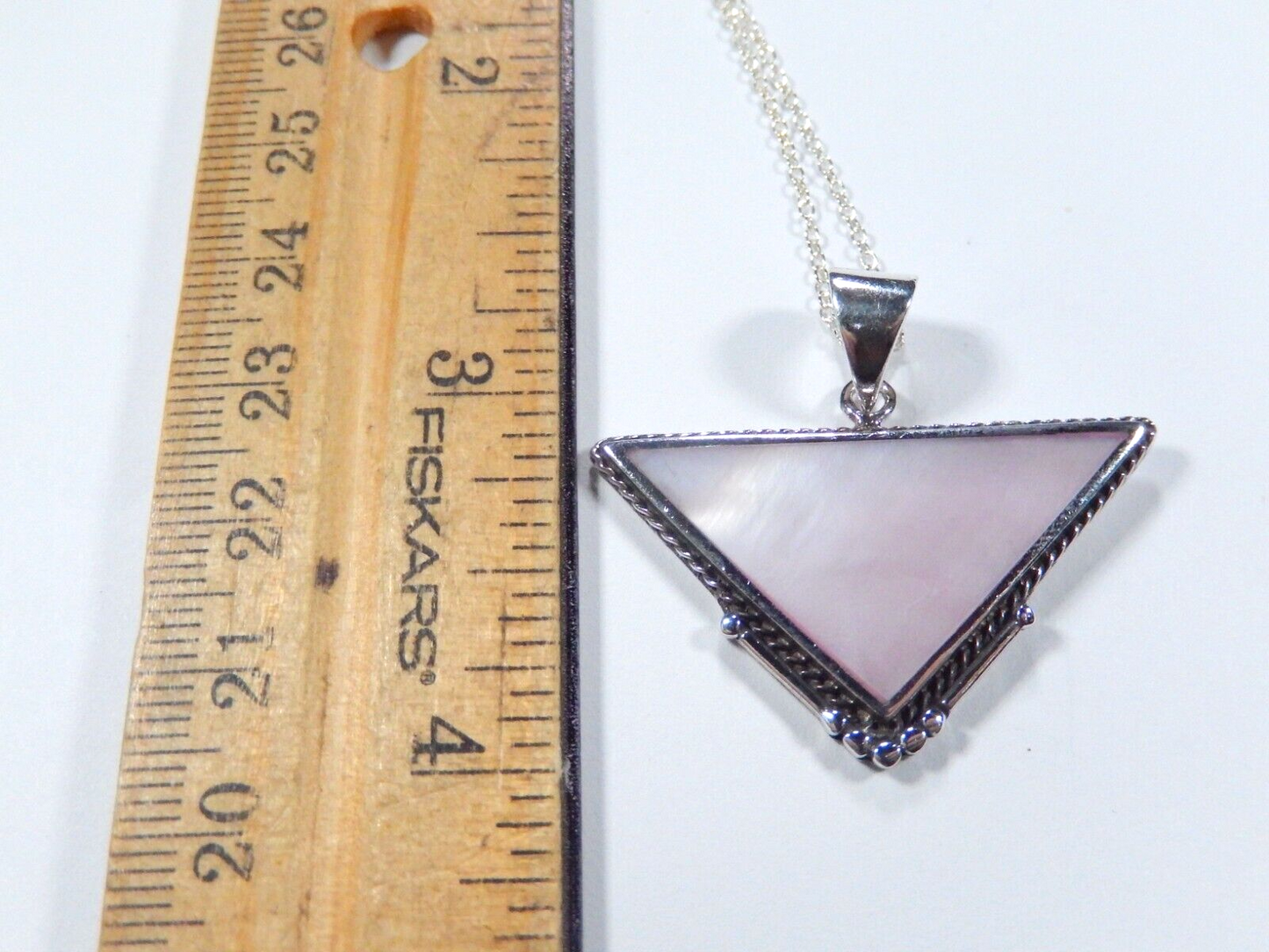 VINTAGE  Sterling Silver  Mother Of Pearl Triangle Pendant w/ 18" Sterling Chain