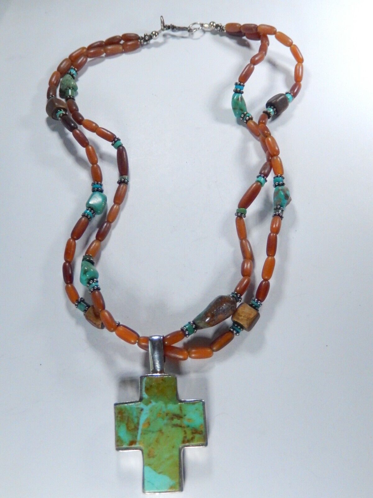 VINTAGE* Southwest Sterling Silver Turquoise Cross Pendant & Beaded 17"Necklace