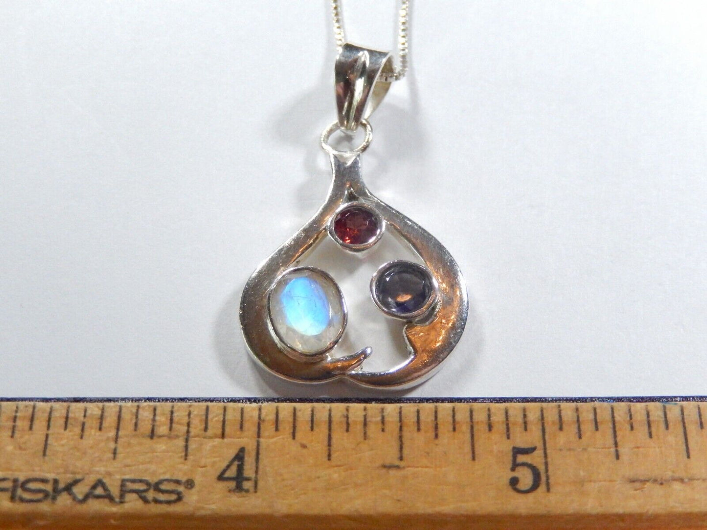 *VINTAGE*  Heavy Sterling Silver Multi Gemstone Pendant w/ 18" Ster. Box Chain