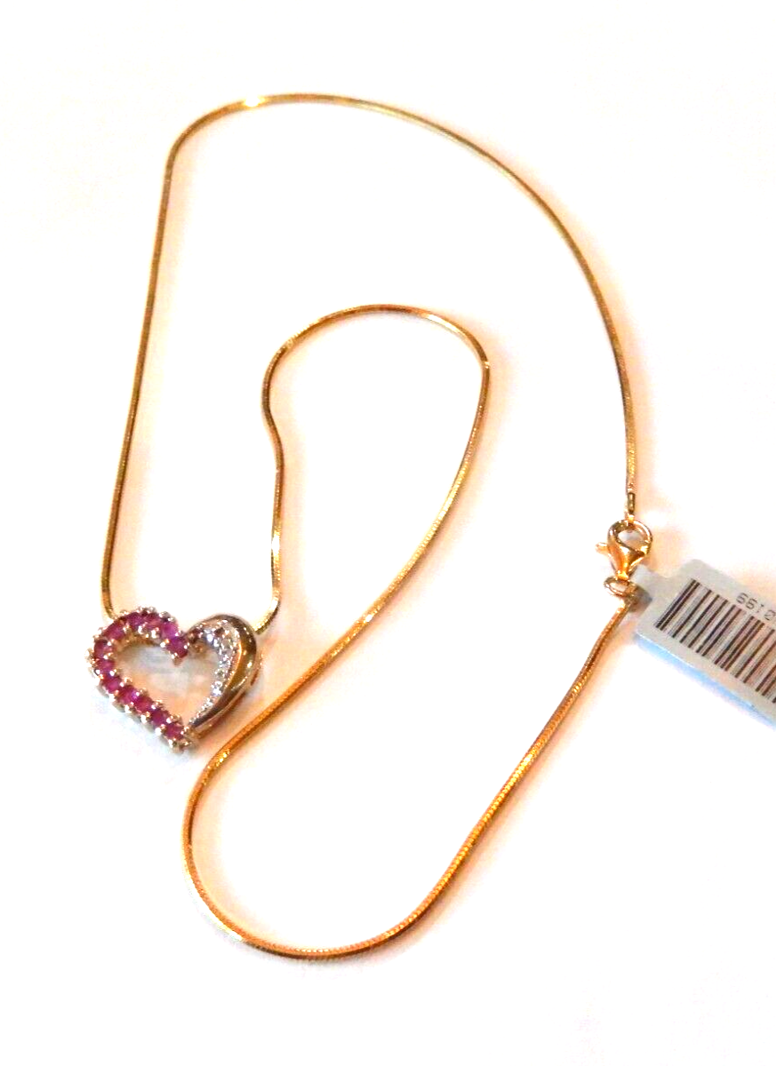 Gold Vermeil 925 Ruby  Diamond Heart Pendant Necklace w18 Smooth Chain