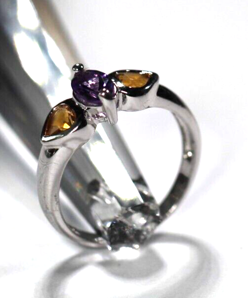 Sterling Silver Amethyst & Citrine 3-Stone Band Ring Size 5.75