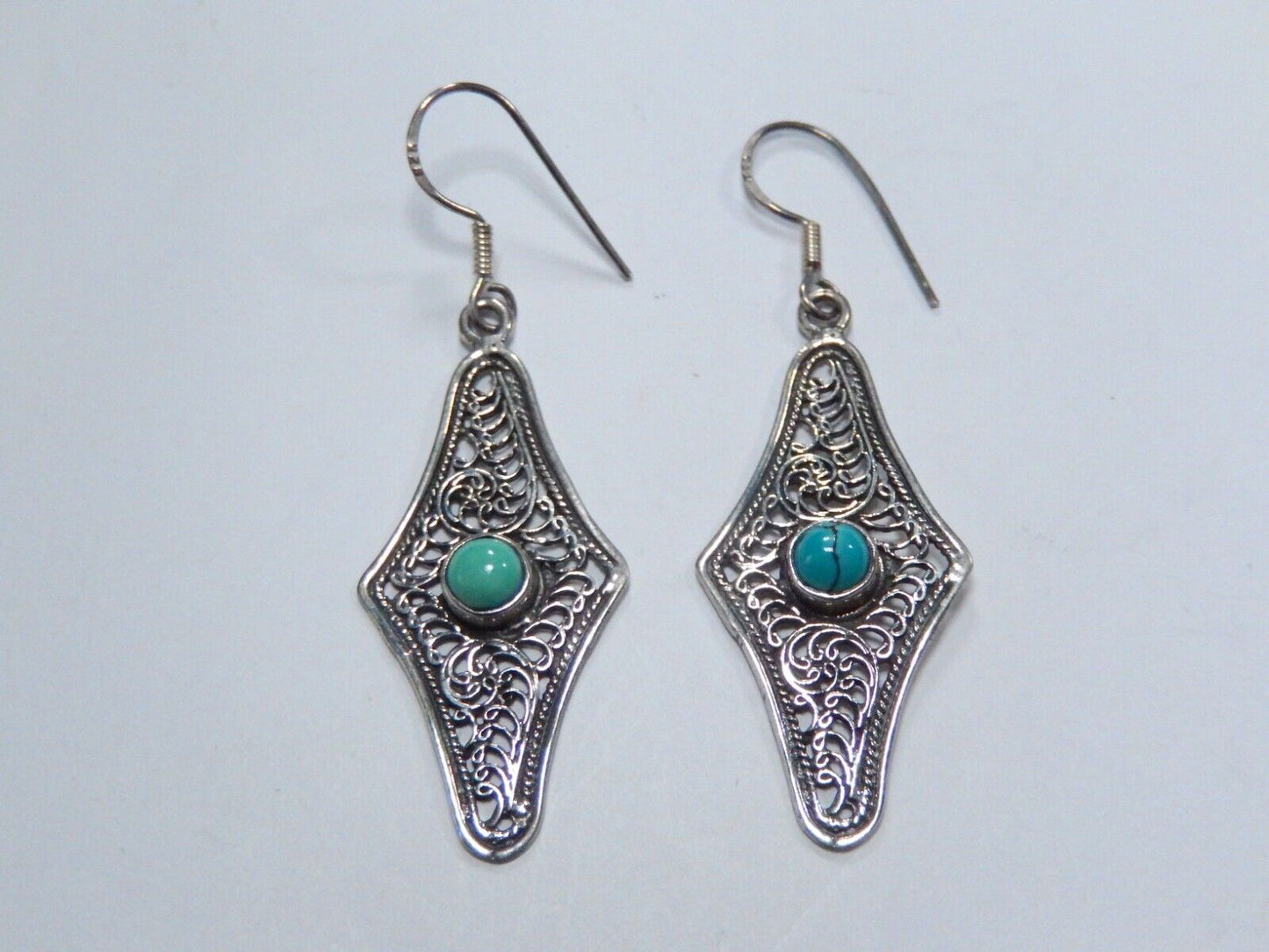 Southwest Style Sterling Silver Turquoise Filigree Dangle Wire Earrings