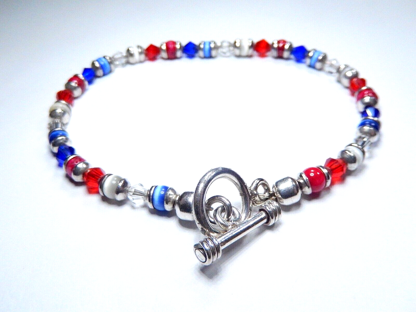 VINTAGE Solid Sterling Silver 925 Red White Blue Gemstone Beaded Bracelet 7.5"