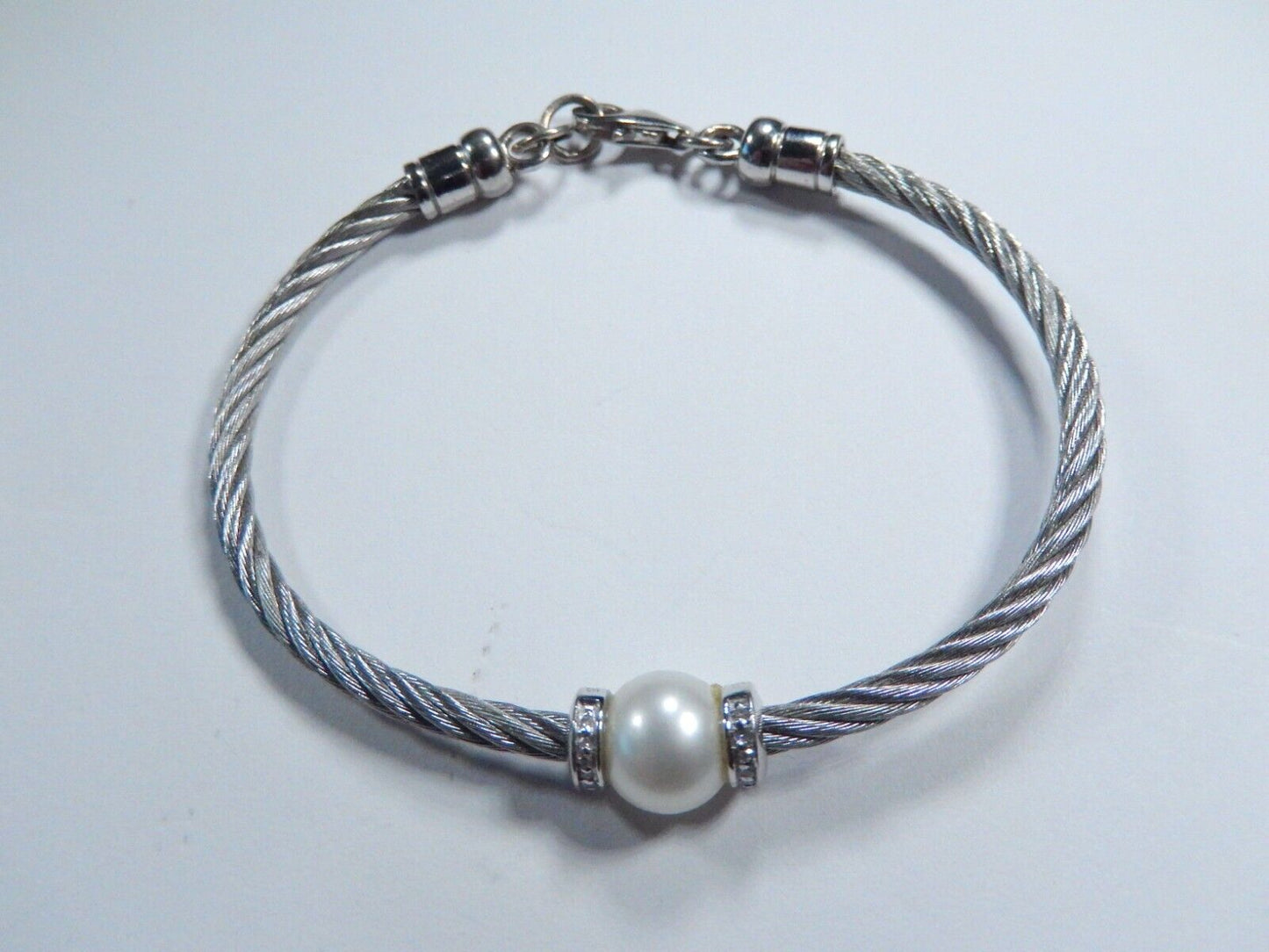 Women's Sterling Silver / Stainless Steel Diamond & Pearl Twist Bead Bracelet 7"