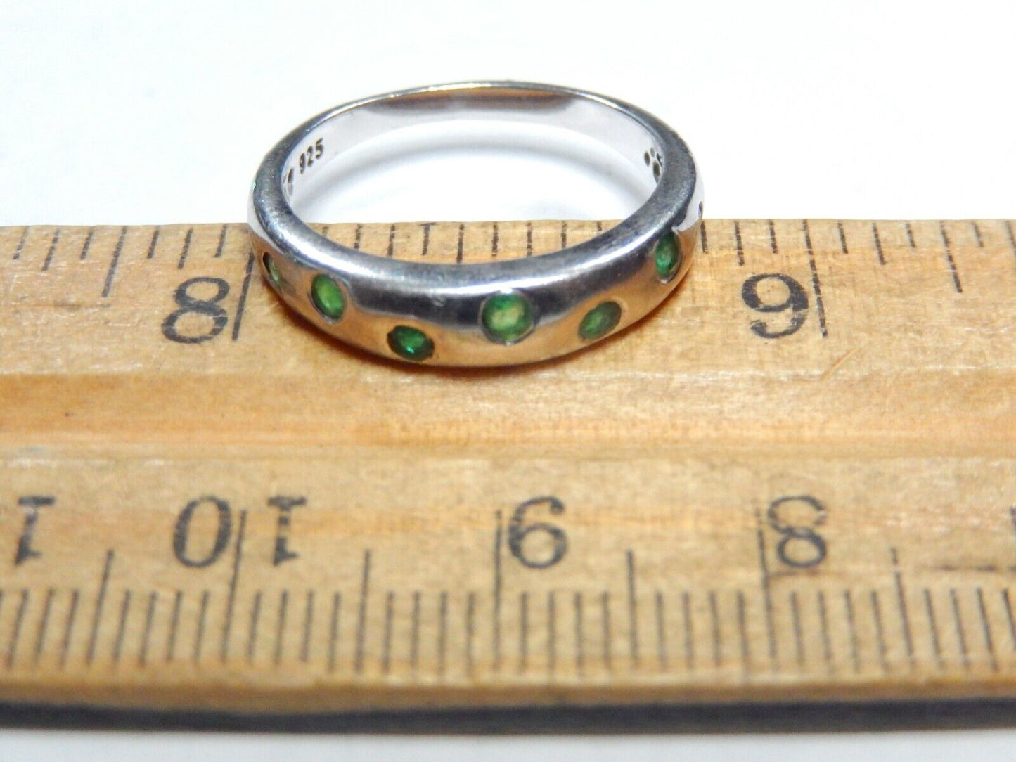 *VINTAGE* Sterling Silver Round Natural Emeralds 4 mm Band Ring Size 6.75